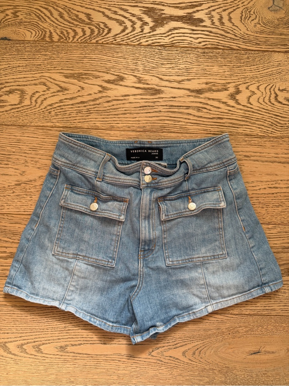 Veronica Beard Abigail Patch Pocket Light Blue Stretch Denim High-Rise Shorts